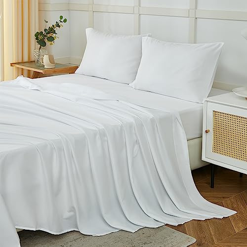 ILAVANDE Set di lenzuola bianche per letto matrimoniale, 4 pezzi, lussuose lenzuola super morbide, serie 1800, senza pieghe e traspiranti (completo)