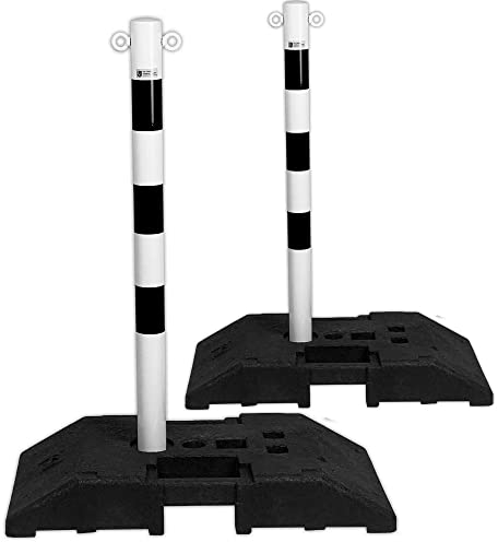 Kettenpfosten Set mit 2 Absperrpfosten Stahl 1m x Ø60mm Kette 30kg Fuß, verzinkt, weiß mit schwarzer Reflexfolie