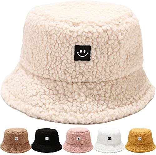 Damen Fischerhut Winter Pelzig Fischerhut Bucket Hat Winter Wärmer Eimer Hut Flauschige Fischermütze für Damen Mädchen Einheitsgröße Schlapphut Elegant Glockenhut für Outdoor Wandern Reisen (Beige)