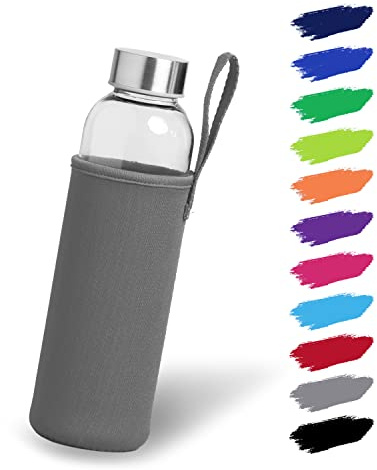 NOMA Gourde en verre 0,5 l, avec housse en néoprène, 500 ml, 600 ml et 1000 ml, avec étui de protection et bouchon en acier inoxydable, pour le sport, le bureau, l'école et l'extérieur, grise