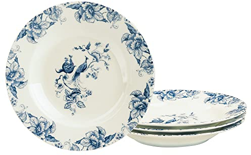 fanquare 8 Bone China Soup Bowls Set of 4, Rimmed Soup Plates Set for Salad, Pasta, Ramen, Blue Porcelain Floral Deep Plates