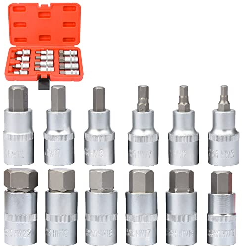12 Stück Steckschlüssel Set 1/2'' 5-22mm innensechskant nuss satz， Innensechskant Werkzeugstahl Steckschlüssel für Automobil Industrieanwendungen mit Tragbarem Koffer