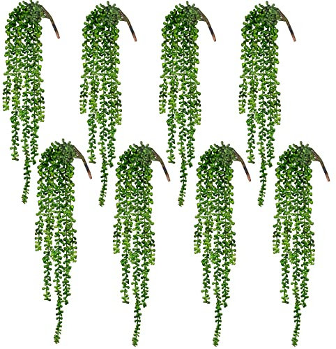 CEWOR 8 plantas suculentas artificiales colgantes de plantas verdes, cadena de perlas falsas para pared, hogar, jardín, decoración al aire libre (61 cm de longitud)