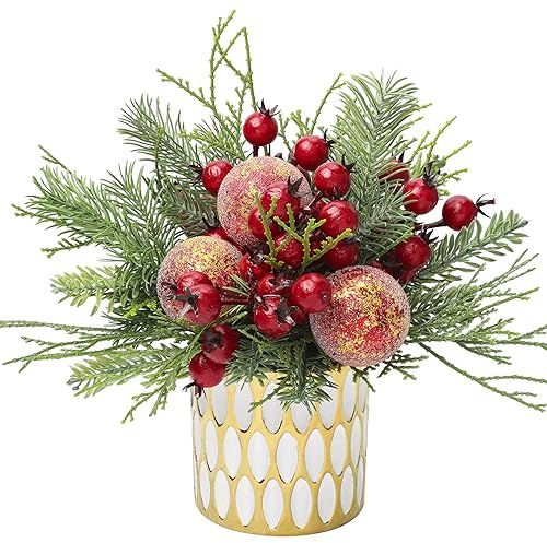 Oairse Árbol de Navidad Artificial de 25 cm, Planta con Maceta de Cerámica, Bolas Rojas y Bayas, Mini Adornos, para el Hogar y Centros de Mesa