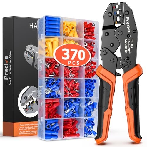 Wire Terminals Crimping Tool Kit with New Handle Design, Preciva AWG20-10 Insulated Ratcheting Crimper Tool with 370PCS Insulated Wire Connectors (USRC50371)
