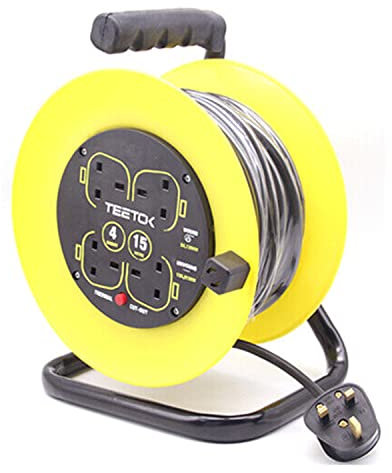 MAENGRE Four Socket Open Cable Reel Extension Lead with Winding Handle, Thermal Cut Out and Power Switch, 15 Metres High Visibility Cable, Yellow