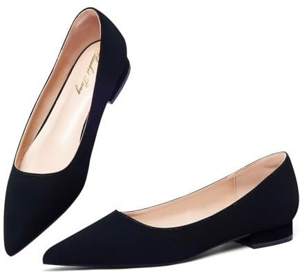 Zhabtuc Ballerines Plates Femmes Bout Pointu Talon Bas, Nubuck Noir, 40 EU