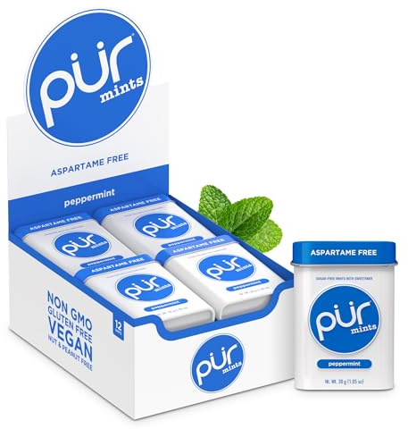 PUR Pastilles à la menthe- Sans aspartame - À base de xylitol - Sans sucre, végétaliennes, sans gluten et adaptées au régime cétogène - Pastilles à la menthe poivrée naturelle, 30 pièces paquet de 12