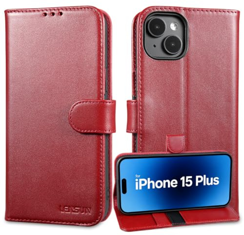 LENSUN Coque pour iPhone 15 Plus, Étui Cuir Véritable Bicolore - Vin Rouge | RFID Blocage, Pochette de Portefeuille, Housse avec Rangements Cartes, Fermeture Magnétique,Fermoir de Protection