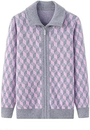 Kaschmir-Strickjacke Mit Verdicktem Kragen, Unregelmäßigem Karo-Reißverschluss Für Damen,Grau,5XL