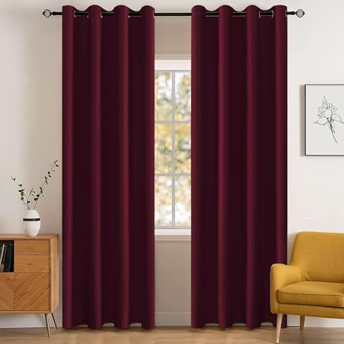 YSTELLAA Vattentätt Mörkläggningsgardin 2 Stycken, 140 X 300CM, Termiska Gardiner Med Öljetter, Ljustäta Sovrum, Ogenomskinliga Ljudisoleringsgardin, För Sovrum Och Vardagsrum, Vinröd | Värmeisolerande gardin med öljetter mot kyla, bullerskydd, perfekt för vardagsrum, sovrum, utomhus terrass