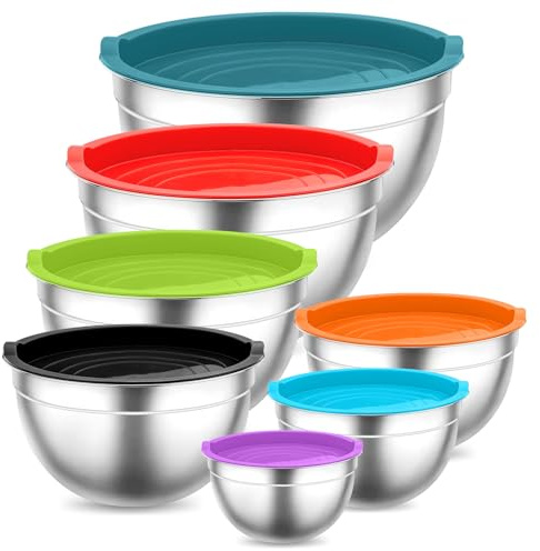 Onader Rührschüssel 7er Set, Edelstahl Schüssel Salatschüssel mit Luftdichtem Deckel, Stapelbar & Spülmaschinenfest, 6,5L /4,5L /3L /2,5L /1,5L /1,2L /0,7L - Bunt
