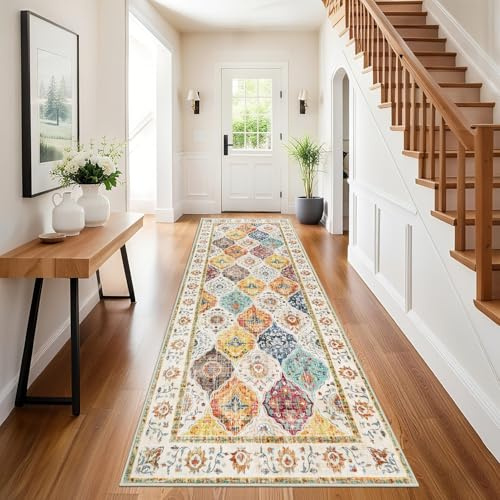 SHACOS Teppich Läufer Flur 60x300 cm, rutschfest Flurteppich Waschbar Boho | Lang Flurläufer Bunt Weich, Gummierte Rückseite, Vintage Teppichläufer für Küche, Eingang, Vorzimmer, Wohnzimmer