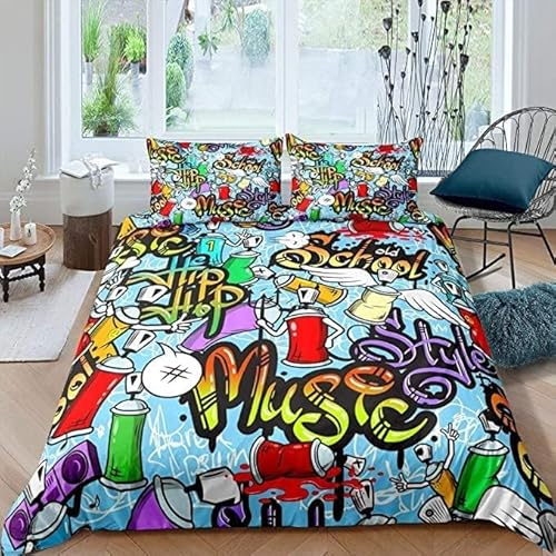 Homewish Housse de Couette Enfant en Microfibre avec 2 Taies d'oreiller, Parure de Lit 200x200 Graffiti Couleur Hip Hop pour Jeunes Garçons Filles, Ensemble de Literie Coloré Graffiti Street Art