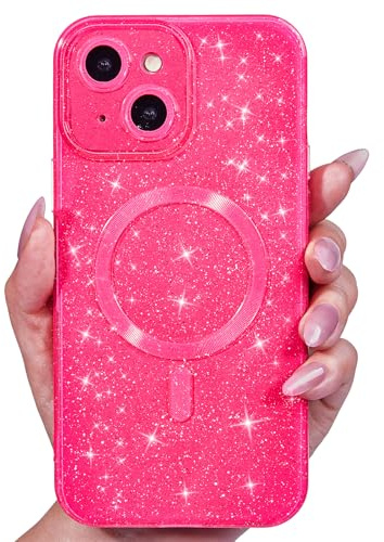 Svanove Custodia Magnetica per iPhone 15 Plus Glitterata compatibile con Magsafe, Con Protezione dell Obiettivo Fotocamera, Custodia PC Glitter Morbida in TPU, per Womem Girl, Rosa Caldo