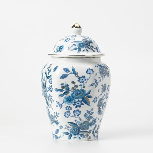 fanquare Blau und weiß Ingwer Gläser mit Deckel Chinesisch Porzellan Tee Kanister Rose Blume dekorative Blume Vase, 900ML Keramik Lagerung Krug Tee Kaffee Zucker für Home Kitchen 19.5CM
