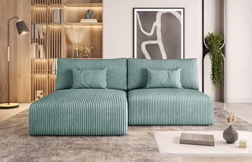 Easy4You Türkis Ecksofa Modulo Kord in L-Form 210x69x152 cm mit Schlaffunktion und Bettzeugbehälter - Schlafsofa mit Bettkasten - Eckcouch mit Stauraum - Stoff: POSO 26