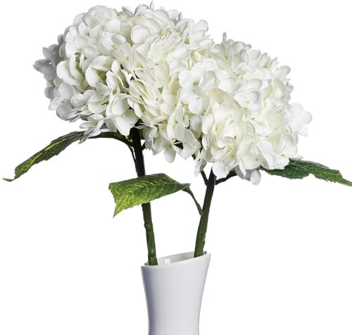 huaao 2 flores artificiales grandes de hortensias, flores artificiales como tallo largo real Hydrangea, ramo de flores, decoración para bodas, oficinas, centros de mesa, salón, fiesta, color blanco