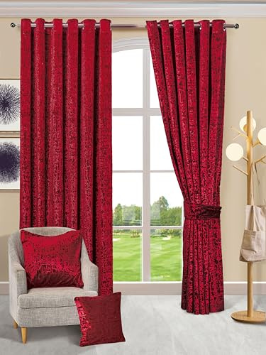 PRIME LINENS Velvet Curtains Luxury Eyelet Ring Top Plush Curtains for Living Room, Bed Room, Home & Office Window Pair Panel with 2 Tie Backs. (Burgundy, W 90 x L 90)