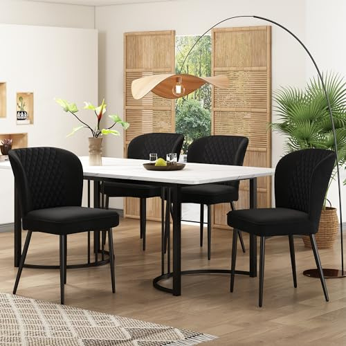Ctastay Essgruppe mit 4 Stühlen 140×80×75 cm, Esstisch-Set mit 4 Stühlen aus Samt, Küchen-Esstisch für Zuhause & Familie, Schwarz Metall Tischbeine + 4 Schwarz Stühlen