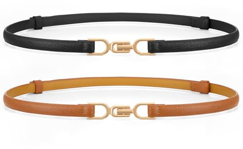 WHIPPY 2er-Pack schmaler Taillengürtel für Damen Verstellbarer dünner Gürtel Schmaler Ledergürtel mit Gold metallschnalle für Kleid