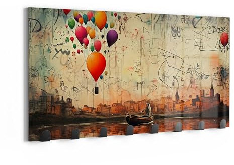 DEQOART Wandgarderobe Glas & Metall | Motiv Flüchtende Träume | 60x30 cm | Design Haken-Leiste modern | Garderoben-Paneel für Flur, Wohnzimmer & Schlafzimmer | magnetisch & beschreibbar