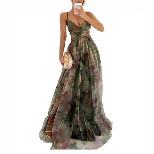 uxxnjfg Robe De Cérémonie pour Femme Ronde Boheme Cocktail Maille Robe Longue Chic Et Elegant De Cérémonie Fleurie Vetement Ete sans Manches Fluide Summer Dress