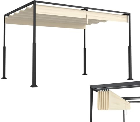 LZQ Pergola Gazebo 3 x 4 m con robusto telaio in acciaio e tetto apribile regolabile, tetto in poliestere rivestito in PA, protezione solare resistente alle intemperie, per giardino e terrazza (beige)