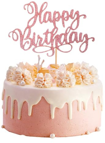 Nogeqi Glitter Happy Birthday Cake Topper Rosa Geburtstag Tortendeko Happy Birthday Kuchen Deko Kuchendeko Pink Torten Topper Deko Geburtstag für Mädchen Jungen Frau Mann, 17x11cm