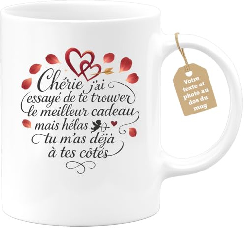 quotedazur Café-Croissant - Mug Personnalisé Chérie J'Ai Essayé De Te Trouver Cadeau Noël Mais Hélas Tu M'As Déjà À Tes Côtés Tasse Saint- Valentin, Amour, Couple Femme - Blanc/Céramique