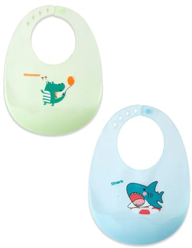 ZEXIJOW Suaves Baberos de Silicona Impermeables con Recolector,2 Piezas Ajustables y Fáciles de Limpiar para Bebés Niños y Niñas,Diseños de Animales