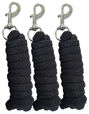 Brama-West Führstrick Pferd 2m - Robuster Strick mit silbernem Karabinerhaken - Sicheres Anbindeseil für Pferd, Pony, Esel & Stall - Schwarz (Schwarz, 3er Set)