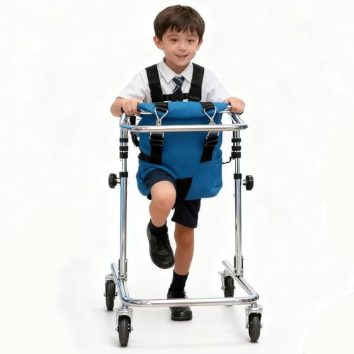 Folding Walker for 31-47in Children, Adjustable Kids Walking Frame with Wheels and Seat, Mobility Rollator for Cerebral Palsy Rehabilitation and Daily Walking Support (Brown)