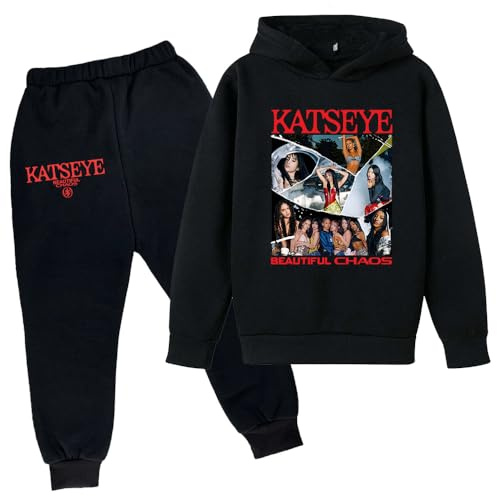 CCHZYSKO Katseye Hoodie Suit Girls/Boys Hooded&Pant Casual Pockets Sweatshirt for Long Sleeve Suit Chaos Tour Fan Joggers Set 02-Black