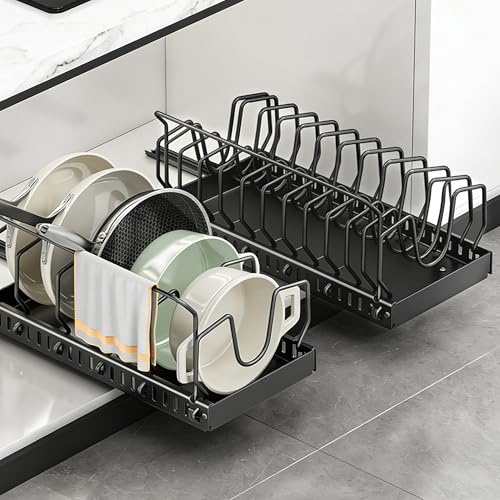 Thxsht Topfdeckelhalter Ausziehbarer, Pfannenhalter für Schublade mit 12 Verstellbaren Teiler & Küchentuchhalter, Topfdeckel Aufbewahrung, Küche Pfannen Organizer, Deckelhalter für Küche (1 Stück)