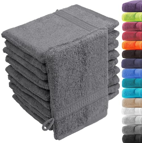 Loomiva 10er Set Waschhandschuhe Waschlappen | 16x21 cm | Anthrazit | Premium Qualität | 500g/m² | 100% Baumwolle | ideal für Reisen & Gym und Sport | Öko-TEX Standard 100