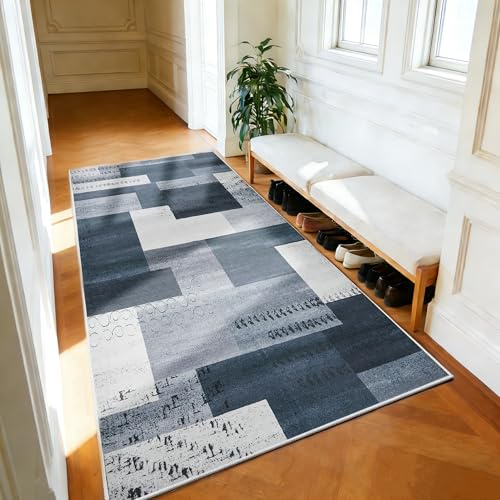Puremy Moderner Flur Läufer Teppich 80X150cm, Vintage Kariert, Grau & Blau | Waschbare Kurzflor Wohnzimmerteppich, Geometrisches Rug rutschfest für Bettvorleger Matte/Deko/Schlafzimmer/Kinderzimmer