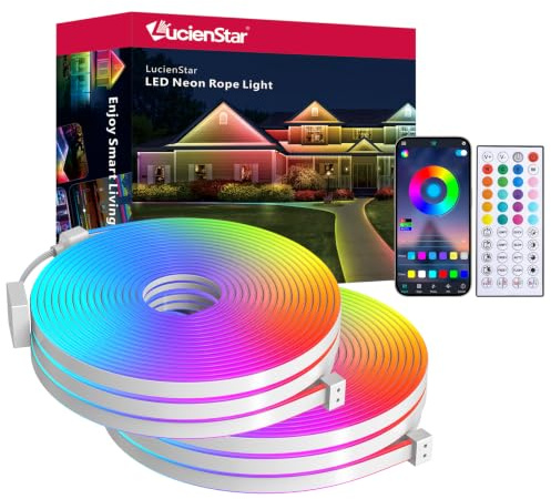 Lucienstar Striscia LED neon RGB da 20 m, 24 V IP65 con telecomando/APP, sincronizzazione musicale, modalità multiple, nastro LED flessibile per decorazioni esterne della camera da letto(10 m x 2)