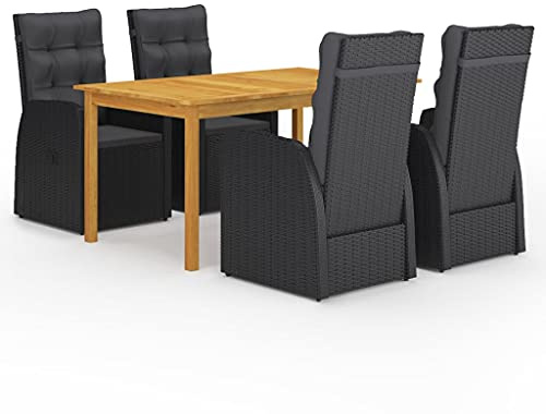 RMIHSJG 5 pezzi Gruppo da giardino nero in legno di acacia con sedie in rattan PE e cuscini confortevoli, tavolo da pranzo all'aperto per terrazza e giardino con schienale regolabile,