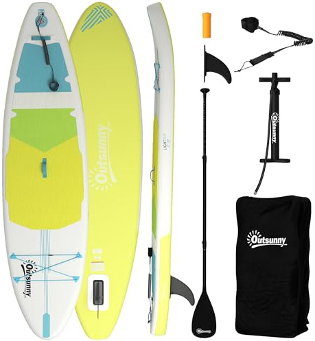Outsunny Tavola da paddle surf gonfiabile con accessori, 320 cm, pagaia in alluminio regolabile, chiglia, tavola da stand up paddle con superficie antiscivolo in EVA, pompa e zaino, carico massimo