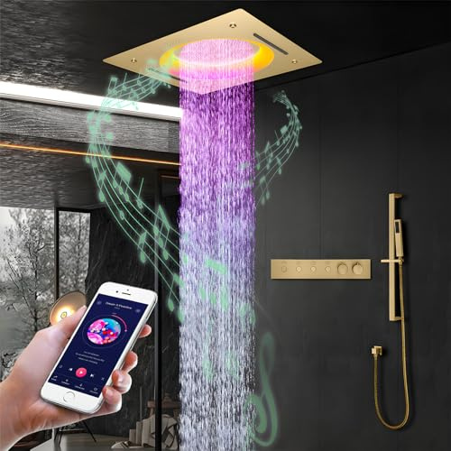 SHUGUANG Set Doccia Incasso Termostatica Musica, 64 Colori RGB LED Sistema Doccia Incasso Oro, 4 modalità Kit Doccia in Ottone con 500 x 500mm Soffione a Soffitto e Doccetta