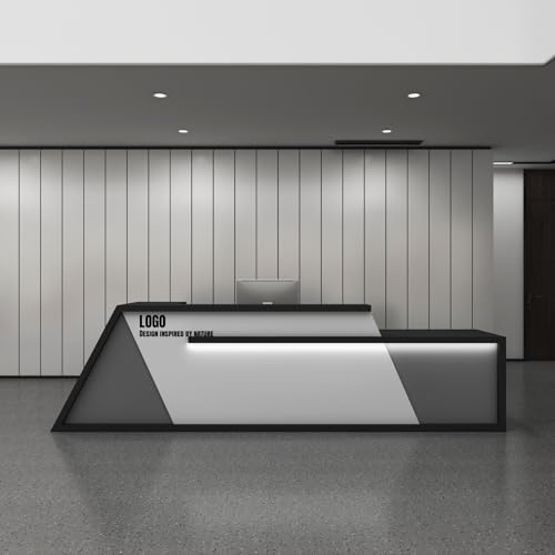 Receptionsskrivbord, modern receptionsbänk med dold omgivningsbelysning, anpassningsbar logotyp, snygg detaljhandelsdisk för kontor eller hem, ingen montering krävs