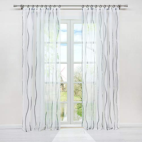 HongYa 1 Stück Vorhang transparent mit Wellenmuster Kräuselband aus Polyester, Dekoration für Schlafzimmer, Wohnzimmer, Balkon, Weiß/Silber, H/L, 175/140 cm
