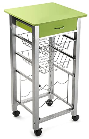 Versa Leicester Küchenwagen mit Rädern, Schubladen und Flaschenregal, Gemüsehändler, Küchenablage, Maßnahmen (H x L x B) 82 x 40 x 40 cm, Holz und Metall, Farbe: Grün