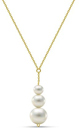 MIORE Schmuck Damen Halskette mit Kettenanhänger 3 runde weiße Süßwasserperlen 7.5 mm Kette aus Gelbgold 14 Karat / 585 Gold, Länge Einstellbar 42-45cm