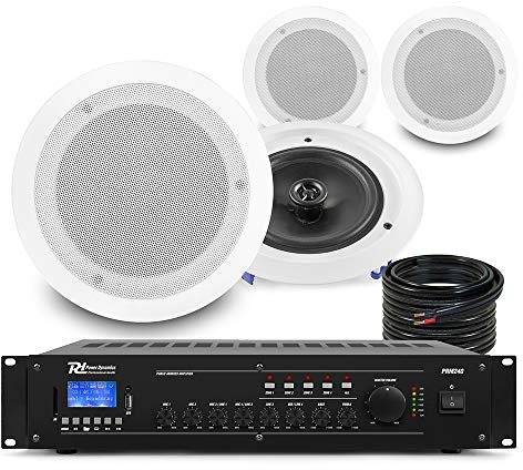 Power Dynamics 4-Zone Ceiling Speaker System with 240W Bluetooth Mixer Amplifier, 100V Commercial Background PA Audio Set, 4x CSAG6T 6.5 Marine Grade Speakers