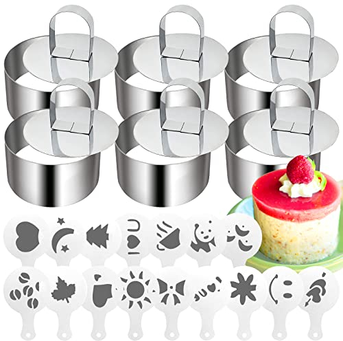 Daily Treasures 22 Pack Cooking Ring Set，6pcs Stainless Steel Cake Rings with Pusher + 16pcs Printing Molds Stencils,Mini Round Cake Molds for Cooking Crumpets Eggs Pastry Mousse Desserts