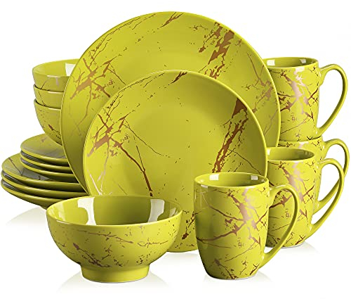 Tafelservice porzellan, LOVECASA SWEET 16-teiliges Kombiservice Set, Ess Geschirrset mit Goldspritzer Design, für 4-12 Personen, VCP-GDS11, Grün
