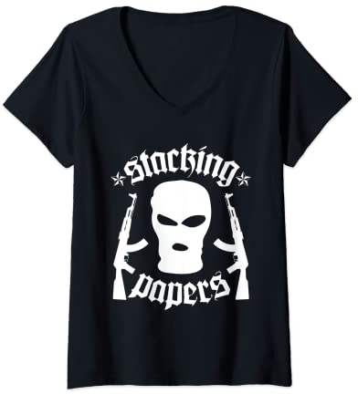 Damen Gangster Rap Hip Hop Rapper Streetwear Skimaske Gang T-Shirt mit V-Ausschnitt