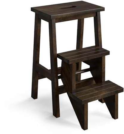 Giantex Folding 3 Tier Step Ladder, Multifunction 3-in-1 Wood Step Stool with Anti-Slip, Convenient Handle, Display Ladder and Storage Shelf for Library, Home Kitchen, Household Work, Garage (Brown)